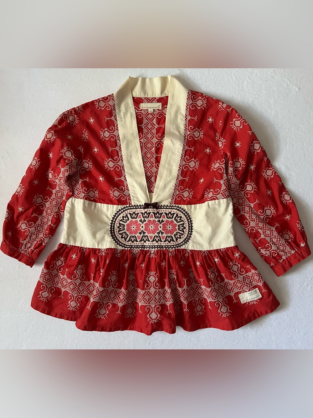 Odd Molly Red Crop Peasant Top w/Cross-Stitch Detail, Size 1 (S), Cotton, EUC.